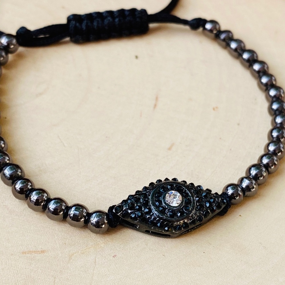 Men’s Hematite Adjustable Cord Beaded Bracelet - Picture 2 of 4